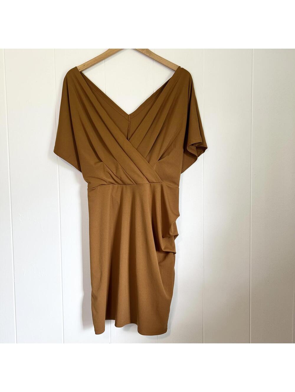 Shein Curve Brown V-neck Draped Pleated Knee Length Dress Women's 2XL